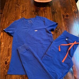 Figs Blue Scrub Set with Orange Accents